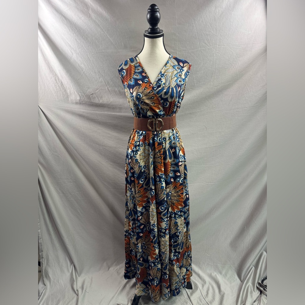 Bohemian Peacock Print V-Neck Maxi Dress - Picture 8 of 10